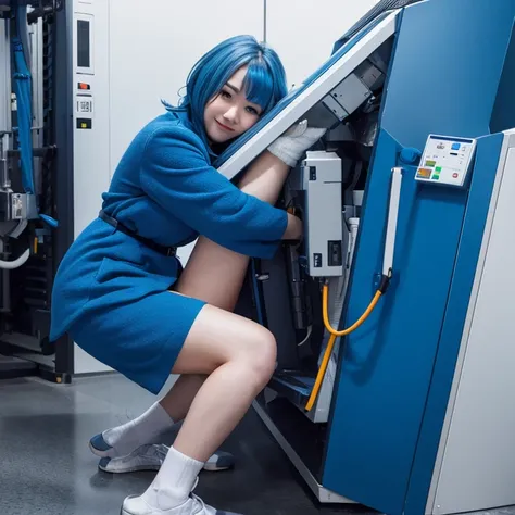 A woman with a penis hugging a machine from above　The machine is attached to the lower half of the body.　　Blue Hair　