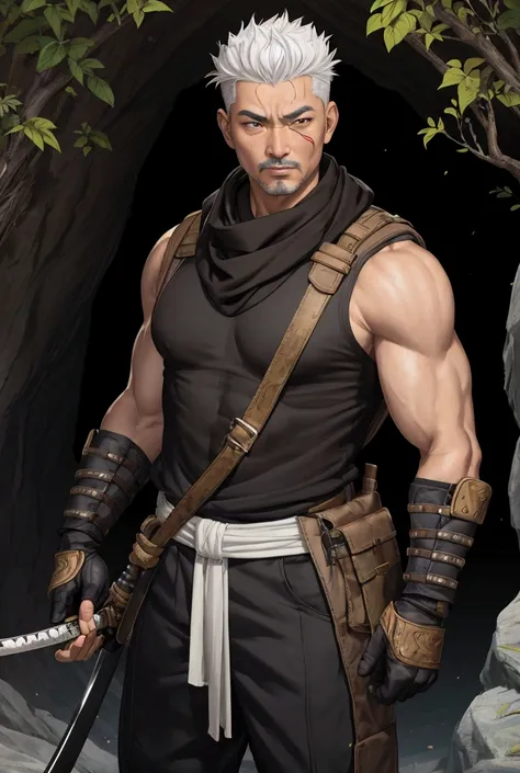 Oriental man, 50 year old man, athletic body type, gray hair (White) short, little quiff on the side, eyes with black irises, gray goatee (White) short, some expressions of age, wears a black eye patch on his left eye, brown military style pants with knee ...