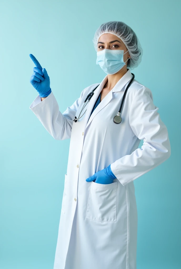 Female doctor posing in a white long sleeved coat, blue gloves, face mask and mesh hat, pointing with his finger to his left side. in good resolution and vertical format.
