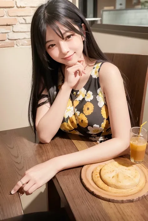 "A 2 woman with long black hair, wearing a yellow floral dress, sitting at a table in a café. She smiles gently, resting her hand on her chin while looking directly at the camera. The soft and warm lighting creates a relaxed and inviting atmosphere. The ba...