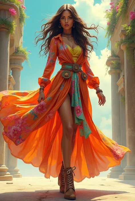 Woman 1.50 light brown skin, long hair, outfit con botines, wide skirt and shirt, in bright colors