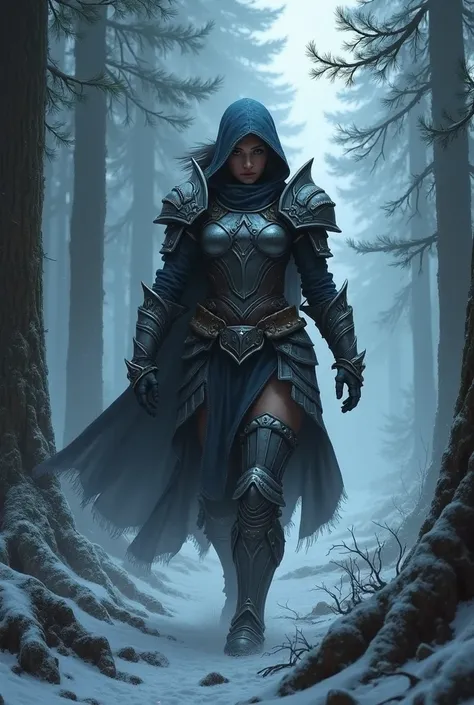 In dynamic pose, night elf warrior girl with plate armor, realistic world of warcraft walking through a forest full of pine trees with fog and with a very cold scene