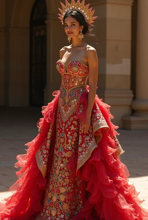 Beautiful woman in a flashy and extravagant dress full of rhinestones, Typical costume type for queens representing the Peruvian cantuta flower