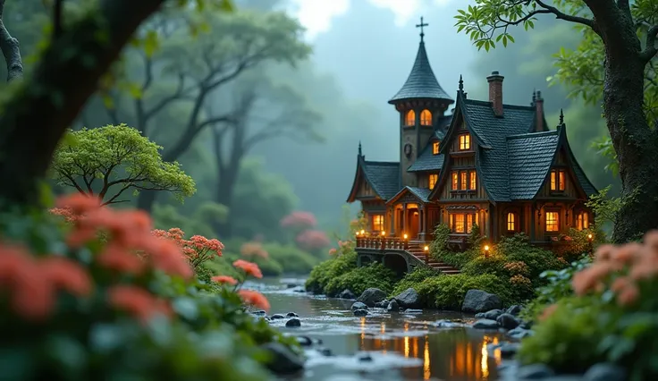 A stunning miniature scene set in a magical rainforest, miniature medieval city, cloudy day time,rainy day,day time,The low-key mood is enhanced by the soft lighting, casting a warm glow over the delicate colorful flowers and softly lit branches. The depth...