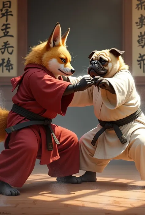 A anthropomorphic tan fox. Wearing a dark red martial arts robe. Fighting a anthropomorphic pug. Wearing a white martial arts outfit. 