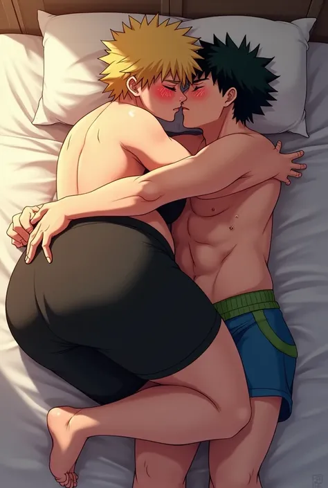 Bakugo from my hero academia with a really big butt. Laying on a bed. Chubby. Really big butt. Wearing tight black shorts. Big butt. Blonde. Blushing. Sweaty. Hugging guy on the left

Guy on the left. Wearing blue and green shorts. Blushing. Medium-sized b...