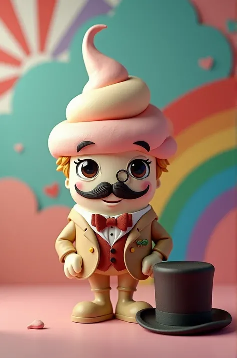 Ice cream cup with mustache, monocle, 1880&#39;s mustache, smiling and a top hat on the side. With rainbow background