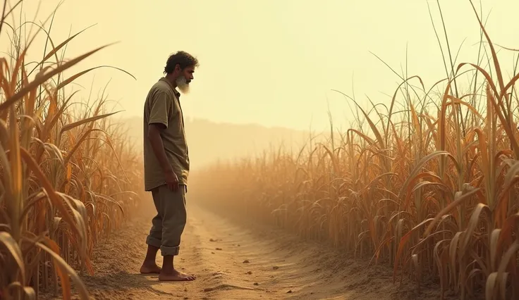 A scene of crops wilting in a dry field due to a lack of rain, with Ramesh looking at them in despair.