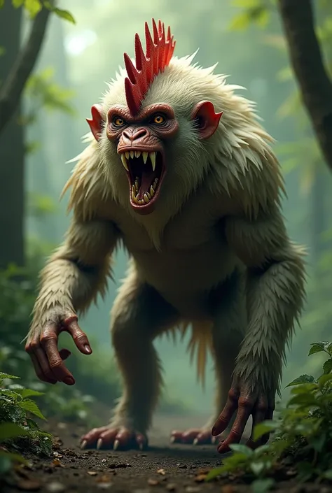 A cross breed of monkey and hen looking very aggressive with long teeth in the forest background.