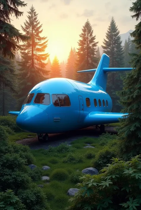 Big Blue Colour Airplane House In Middle of the Forest at evening