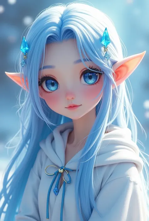 Pure hearted, caring, cheerful, energetic.teenager Young Elf with long, icy blue hair and Eyelashes and a slim and tall appearance.Blue eyes that look like a sky, wearing a white cloak that have an ice ornaments and accessories on the cloak and having a bi...