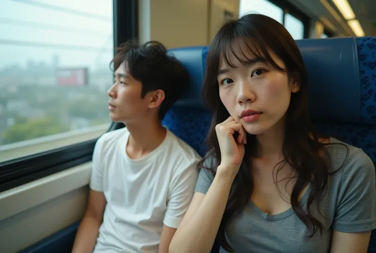 A 30-year-old Japanese woman sitting on a train。She has long hair and a pretty face。The man sitting next to me lifted up the shirt of the woman wearing a T-shirt.、He put his hand inside my T-shirt and started touching my boobs。The woman has a disgusted loo...