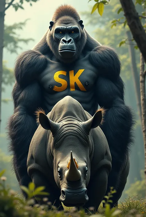 Gorilla with the initials SK in yellow on his chest, sitting on a rhinoceros