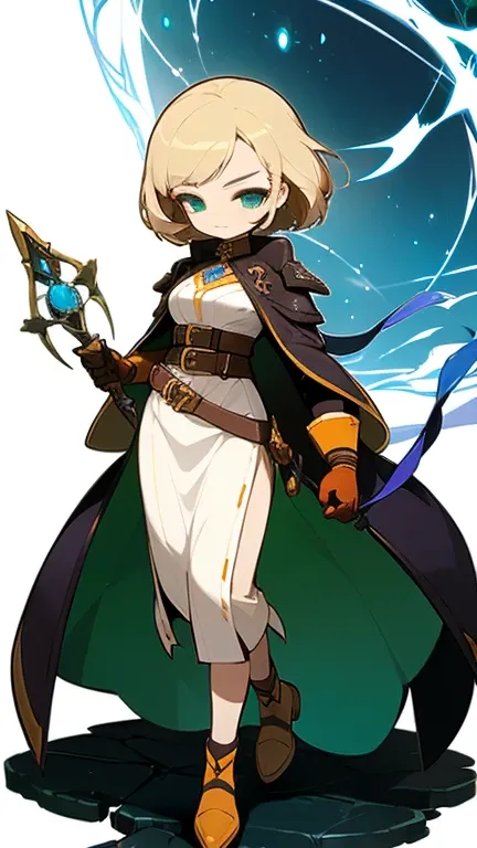 (((Best Quality))) , ((full body)), fantasy, female, reference sheet, solo, (white background), holding weapon, gloves, trench skirt, belt, standing, ,  side slit skirt, gloves, blue, orange, green, violet, brown, white,
