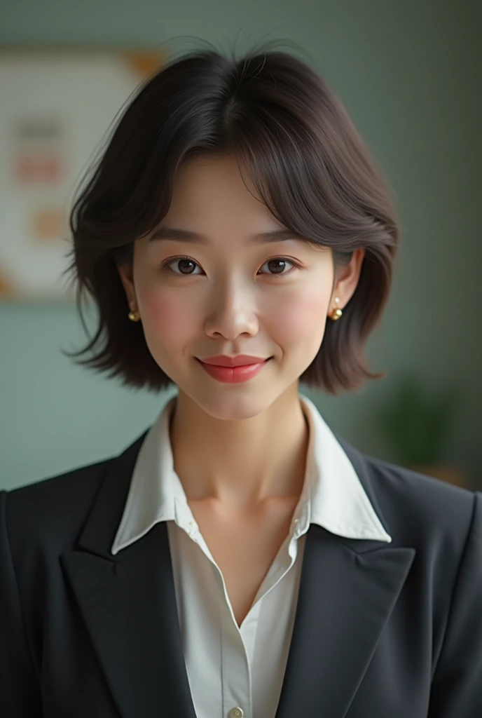 face of a woman with short hair dressed as a school principal smiling subtly looking down
