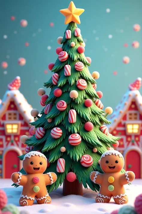 Large Christmas tree decorated with candy pastilles with two sweets on each side in front of the candy houses 2 gingerbread cookies and decorated with lollipops 