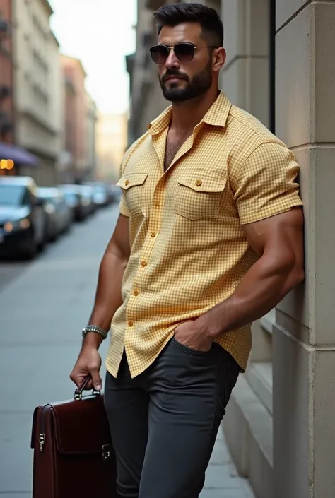 handsome attractive man, muscular in casual clothing, Spectacular fashion yellow checked Oxford shirt, burly bodybuilder, close up, with a briefcase in his hand on the street , leaning against the wall , profile 