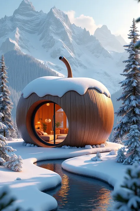 Best quality image of apple shape house in snow cap mountains with luxury items inside 