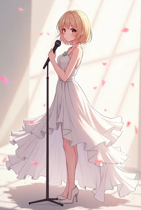 Anime girl pose standing holding a mic, high, santai, wearing a dress, mature, full body, front camera, facing left, from head to toe, layer, graceful 

