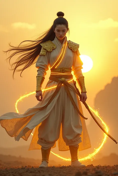 Ninja (White skin) Wear armor that fits well., Glowing golden armor, ((Glow Armor)) and traditional white (Doti). Full-body shot on the battlefield. The sun is behind. ((long : 0.3)) Black hair. A golden energy floated around him.. Bow in his hand, Realist...