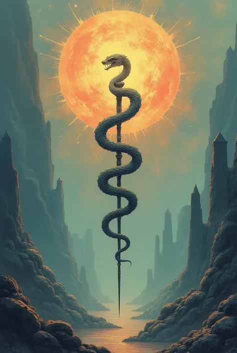 "A surrealist WHO logo featuring a dreamlike landscape with the snake and staff as celestial bodies, surrounded by abstract symbols representing health and wellness."