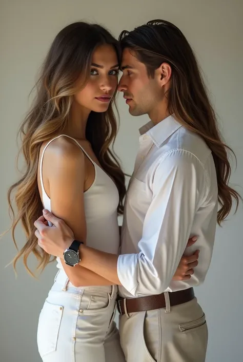 Two romantic  couple pic ,and girl eyes blue, long hair, perfect face, pink glossy lips & boy silver eyes, tall, white shirt, blank pant,  left hand watch,  & side heading you are my love dose,  