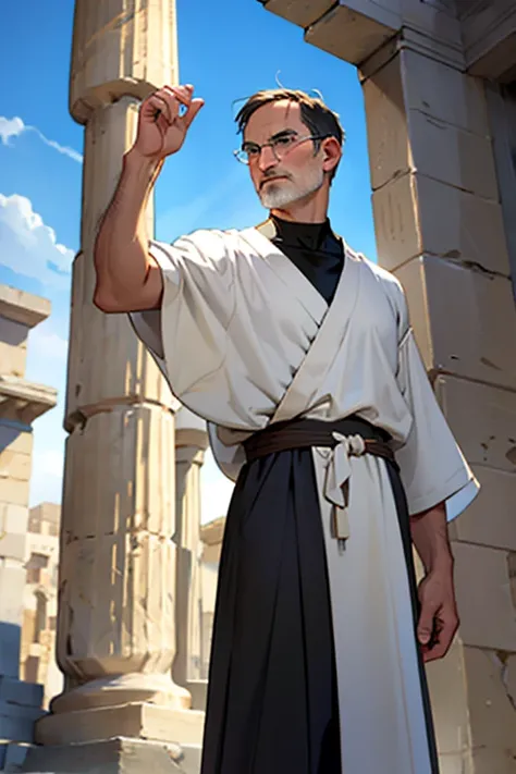 steve jobs dressed as an ancient greek, dressed in a tunic and looking at the sky