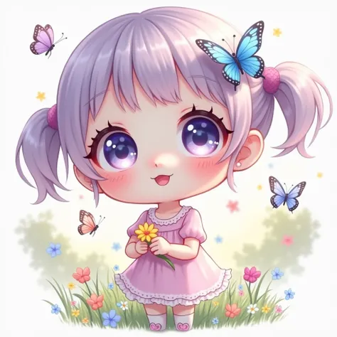 a cute chibi girl, wide anime eyes, delicate facial features, small round face, long lashes, rosy cheeks, small button nose, soft pink lips, hair in pigtails, wearing a frilly dress, holding a flower, standing in a whimsical fantasy meadow, butterflies fly...