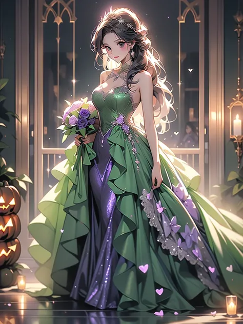 High image quality　Advanced Defrost　8k　Halloween Dresses　black　Purple　green　White lace long dress　Girl wearing　Shiny long hair　Sparkling and Shining　Stand in full body　When I opened the front door　Holding a bouquet of hearts　In the Halloween mood　Backgroun...