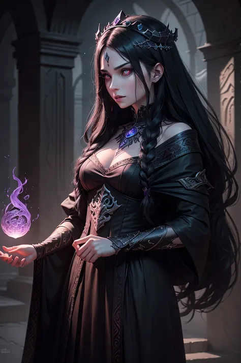 a powerful dark sorceress, 1girl, beautiful detailed eyes, beautiful detailed lips, extremely detailed face and skin, long flowing black hair, piercing red eyes, pale porcelain skin, intimidating aura, arcane purple dress with intricate runic patterns, rel...