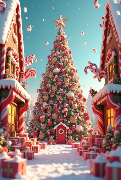 Large Christmas tree decorated with candy canes, gingerbread cookies, two 5-story candies on each side of the tree with two candy houses, two large gingerbread cookies and lots of candy cane decorations and gift boxes