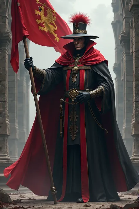 A Royal Inquisitor holding the flag of the Isle of Man 