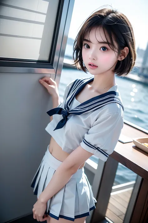 (((HD Photos))), Ultra-high resolution.Realistic: 1.4, masterpiece,Best Quality, Realistic, photoRealistic, (Subtle details), (Cinematic Light, Super sexy short hair,Small breasts、Young face)、((Stylish sailor suit、Mini Pleated Skirt、Super beautiful girl))
