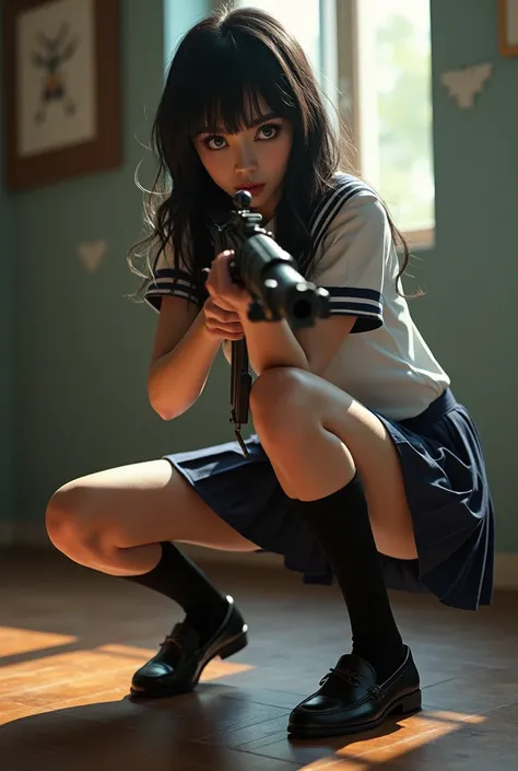 an adult woman in a schoolgirl outfit, wearing short skirt, black socks, loafers, crouching pose showing upskirt, holding a rifle, photorealistic, 8k, high quality, extremely detailed, realistic, realistic lighting, dramatic, vivid colors, hyperrealistic, ...