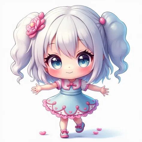 Cute chibi girl with big anime eyes, delicate facial features, small round face, long eyelashes, rosy cheeks, small button nose, soft pink lips, wearing frilly dress, (best quality, 4k, 8k, High resolution, Masterpiece: 1.2), Super detailed, (Realistic, Ph...