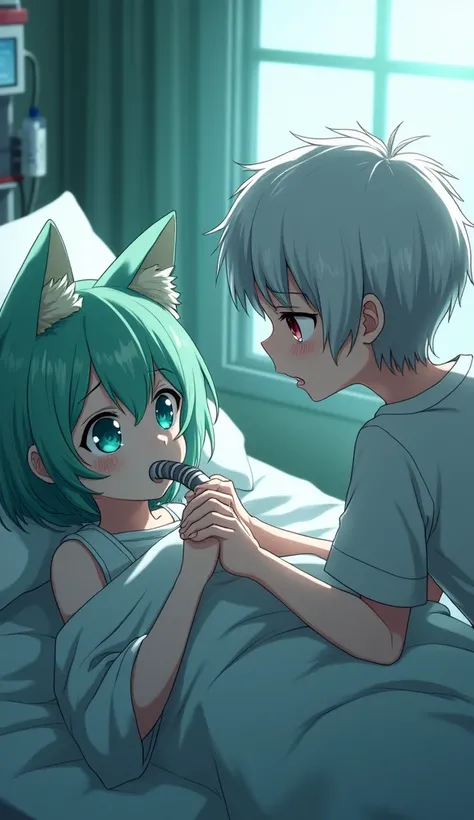 boy with white hair and red eyes sad holds the hand of a girl in a coma with long aqua green hair with cat ears and aqua green eyes who lies sick in a hospital with a respirator, anime