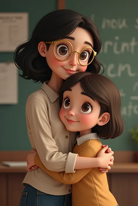 1 2 teacher with waist-length wavy black hair, and gold glasses, hugging a  girl with straight but short hair, with brown eyes, in a nostalgic way.