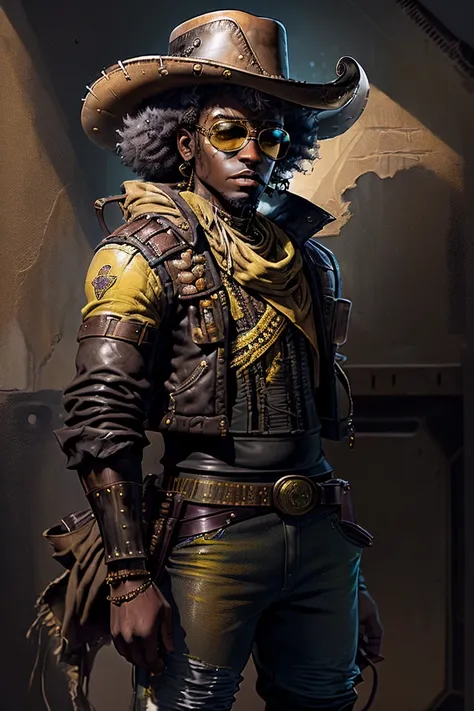 a black woman as a space cowboy wearing a cowboy hat and gold rim sunglasses, leather pants and leather jacket, yellow shirt, co...