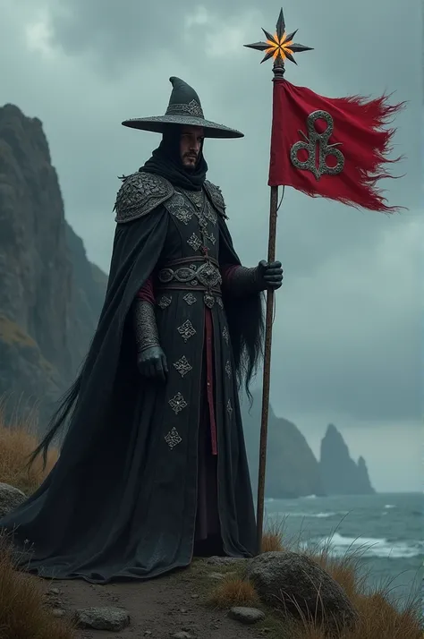 A stern Royal Inquisitor stands proudly on a windswept hill, holding the flag of the Isle of Man. The inquisitor is dressed in a long, dark cloak with intricate silver patterns, symbolizing his authority. His face is half-shadowed by a wide-brimmed hat, wi...