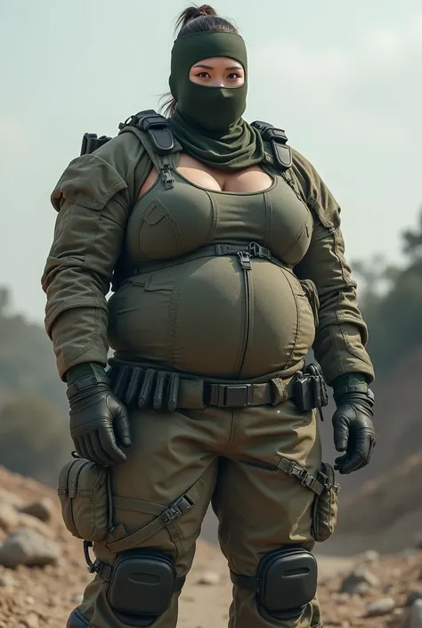 ultra realistic 8k, Asian woman. Heavy Infantry Army Soldier(ultra reslista). She wears a camouflage balaclava . Muscular and corpulent physique of 2,30 meters high(Realist 8K). She wears a bomb suit, had big boobs, has big butt,1girl, High Resolution, Bre...