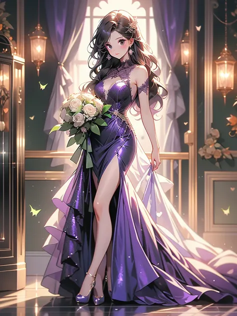 High image quality　Advanced Defrost　8k　Small breasts　Halloween Dresses　black　Purple　green　White lace dress　Girl wearing　Shiny long hair　Sparkling and Shining　Stand in full body　When I opened the front door　Holding a bouquet of hearts　In the Halloween mood　...