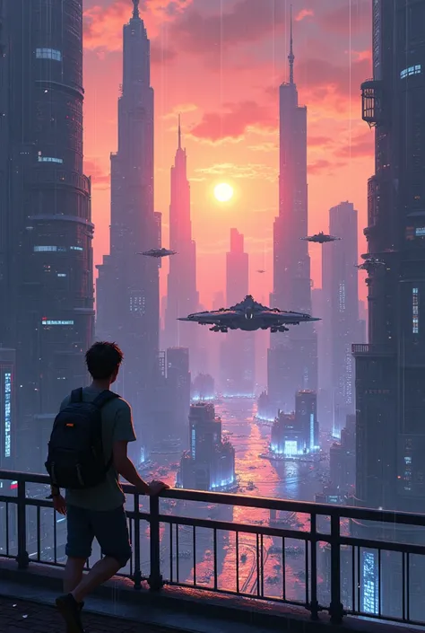 Create a futuristic city with future buildings and flying cars, A young man leaning on his balcony watching from afar that the city has a color between orange, purple and blue and that it is raining. The image must be made in pixelated format