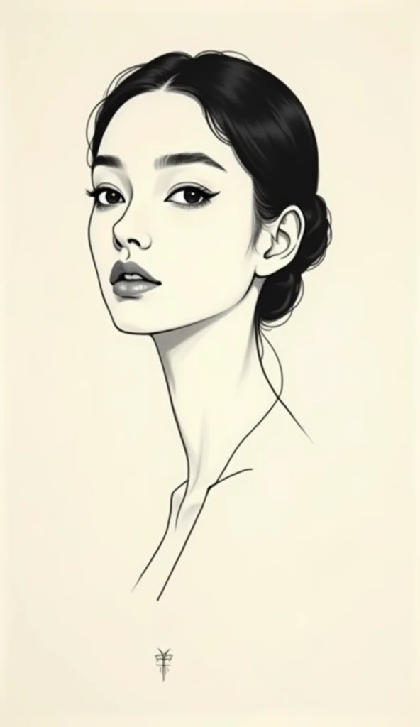 a minimalist portrait painting of a young woman, not detailed face, simple black line drawing on a cream background, black and white, elegant, refined, minimalist, one-line portrait, high quality, photorealistic, masterpiece, cinematic lighting, intricate ...