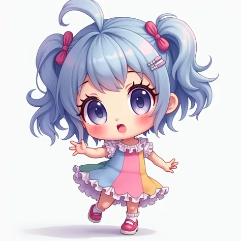 Cute chibi girl with big anime eyes, delicate facial features, small round face, long eyelashes, rosy cheeks, small button nose, soft pink lips, wearing frilly dress, (best quality, 4k, 8k, High resolution, Masterpiece: 1.2), Super detailed, (Realistic, Ph...