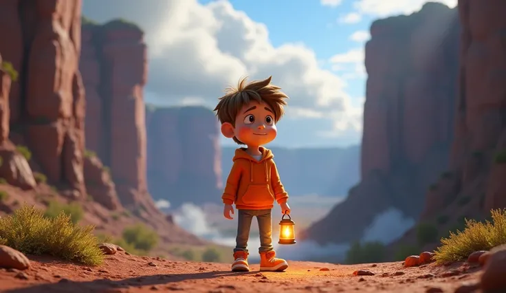 A 3D Pixar-style young boy with tousled brown hair, wearing an orange hoodie, gray jeans, and orange sneakers, standing at the entrance of a massive canyon. His eyes are wide with curiosity as he holds a lantern in one hand and a map in the other. Behind h...