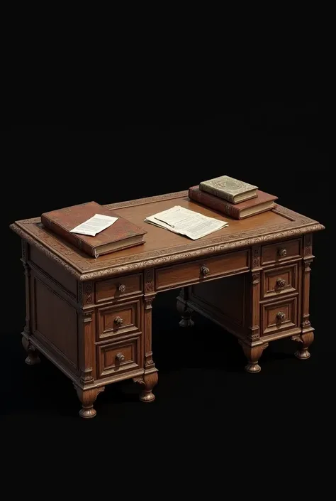 Antique desk with a book and a newspaper and a sealed white envelope and a small antique nightstand on the desk 