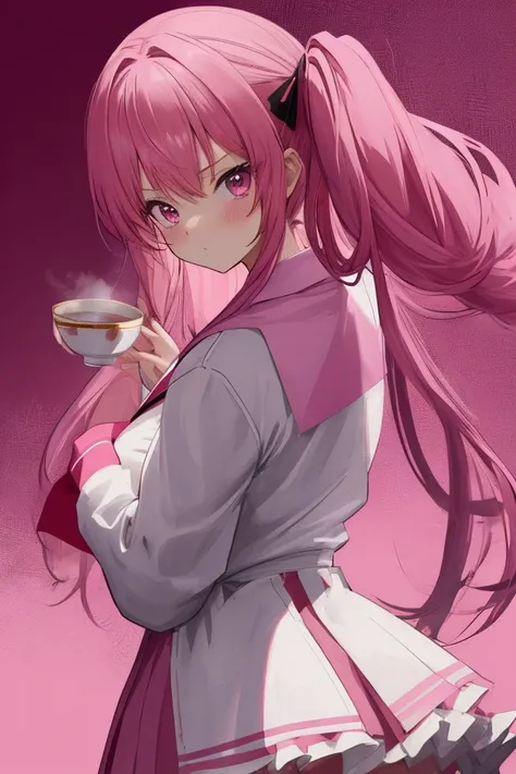 There is an anime girl wearing a school uniform holding a teacup. On the back there is a man flexing his muscles and there are letters that say "Pink The Strong" and a pink background.