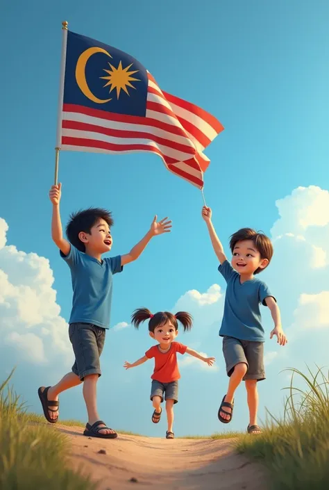 Photorealism 1.3 realism high quality epic realism  Malay and Indian boy wearing blue shirt short pants wearing slipper waving Malaysia flag at hill blue sky and  Chinese girl running towards him cloud smoke effect  running action and scream