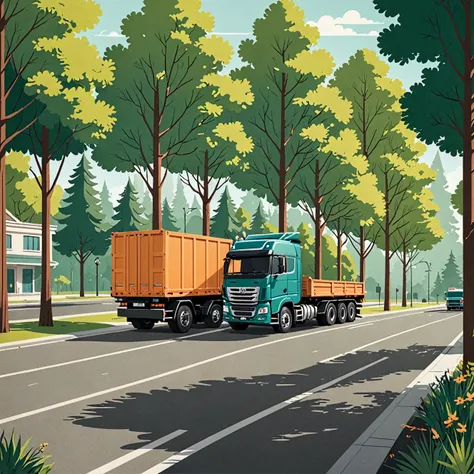 Flat illustration about a truck design in a flat street with trees around 