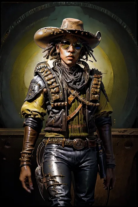 beyoncé, a black woman as a space cowboy wearing a cowboy hat and gold rim sunglasses, leather pants and leather jacket, yellow ...